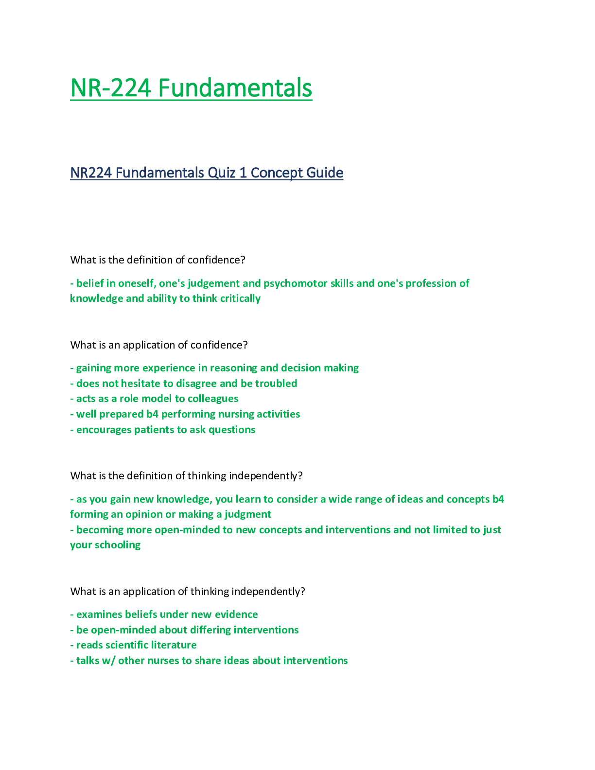 Preview of NR224 / NR 224 Quiz 1 Concept Guide (Latest Update) Fundamentals - Chamberlain